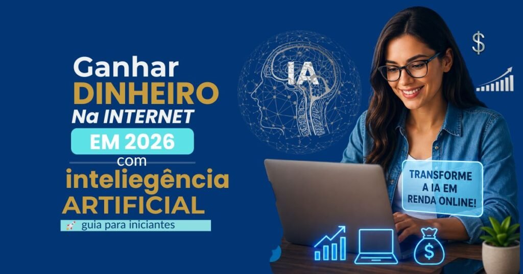 Mulher usando notebook para ganhar dinheiro na internet em 2026 com inteligência artificial