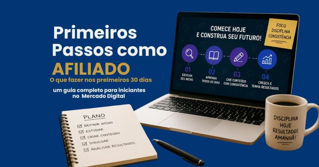 Texto ALT: Primeiros passos como afiliado no mercado digital com notebook sobre mesa de trabalho, planejamento, café e dicas para iniciantes nos primeiros 30 dias.
