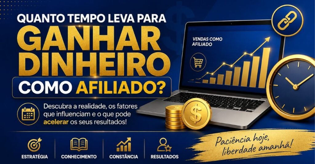 Ilustração sobre quanto tempo leva para ganhar dinheiro como afiliado, com notebook, gráfico de crescimento e elementos de marketing digital em azul e dourado.