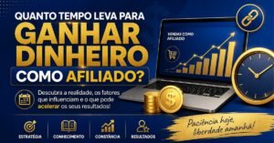 Ilustração sobre quanto tempo leva para ganhar dinheiro como afiliado, com notebook, gráfico de crescimento e elementos de marketing digital em azul e dourado.