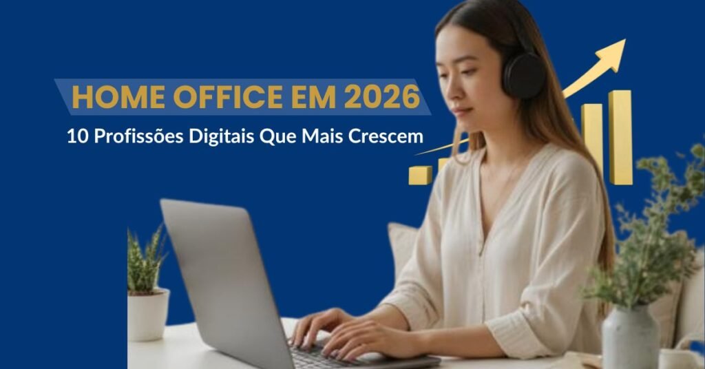 Profissional trabalhando em home office com notebook e gráfico de crescimento representando as profissões digitais que mais crescem em 2026.