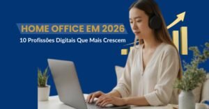 Profissional trabalhando em home office com notebook e gráfico de crescimento representando as profissões digitais que mais crescem em 2026.