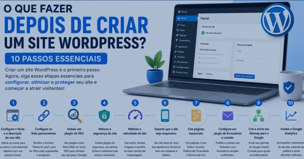 Imagem mostrando o que fazer depois que criar um site wordpress em um laptop com checklist e elementos de crescimento digital representando os passos após criar um site WordPress.