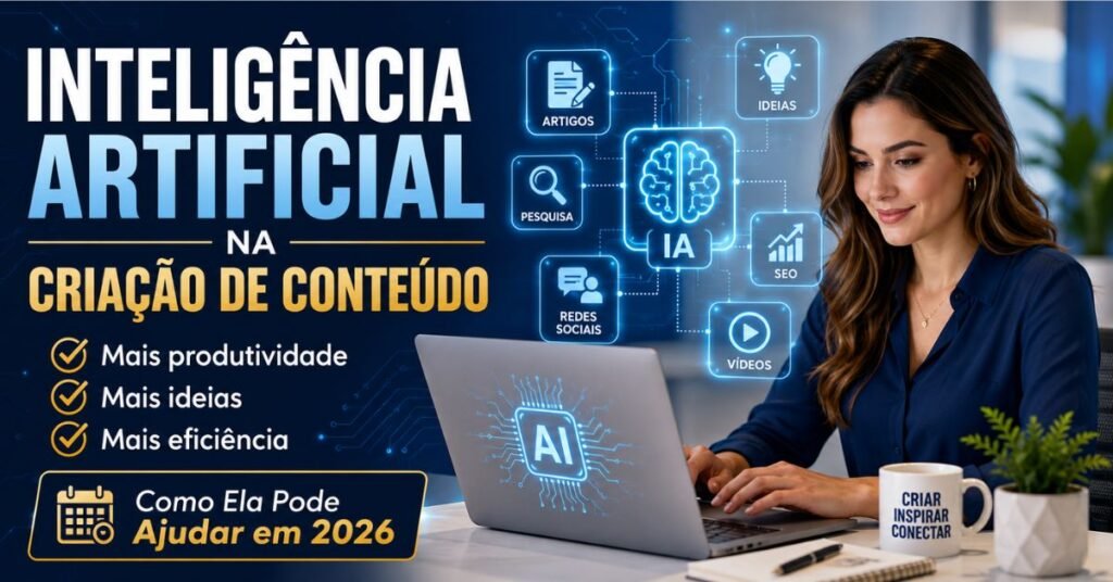 Inteligência Artificial na Criação de Conteúdo ajudando blogueiros e afiliados a produzir artigos, ideias e conteúdos digitais com mais produtividade em 2026.