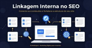 Ilustração representando a linkagem interna no SEO, com páginas conectadas entre si para demonstrar a organização do conteúdo e a melhoria da navegação em um site.