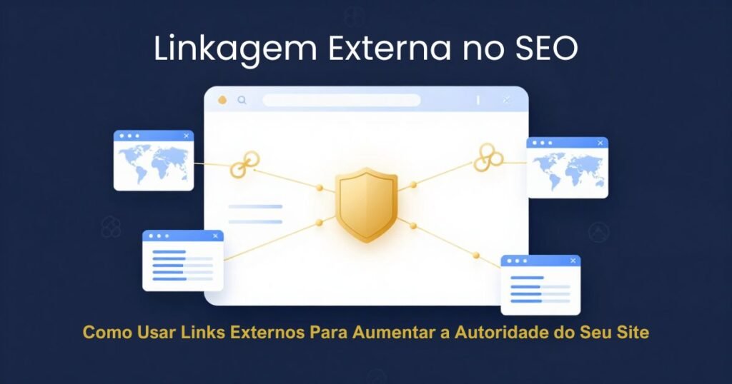 Linkagem externa no SEO mostrando conexões entre sites e fontes de autoridade