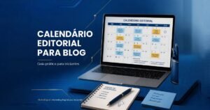 Calendário editorial para blog com planejamento de conteúdos, datas de publicação e notebook sobre uma mesa organizada.
