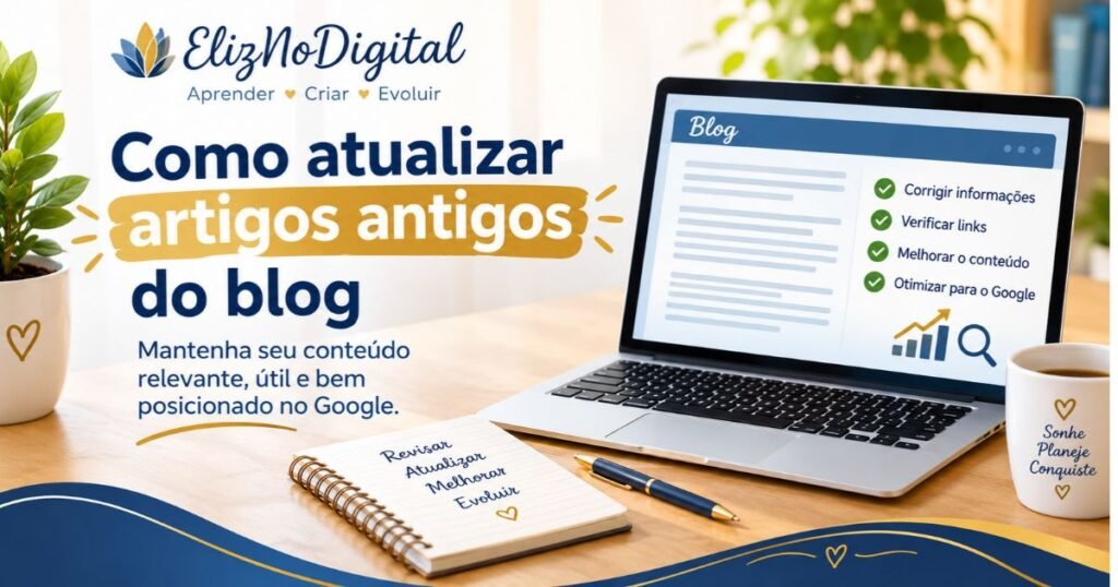 Ilustração sobre como atualizar artigos antigos do blog, revisar informações, verificar links e melhorar o conteúdo para o Google.
